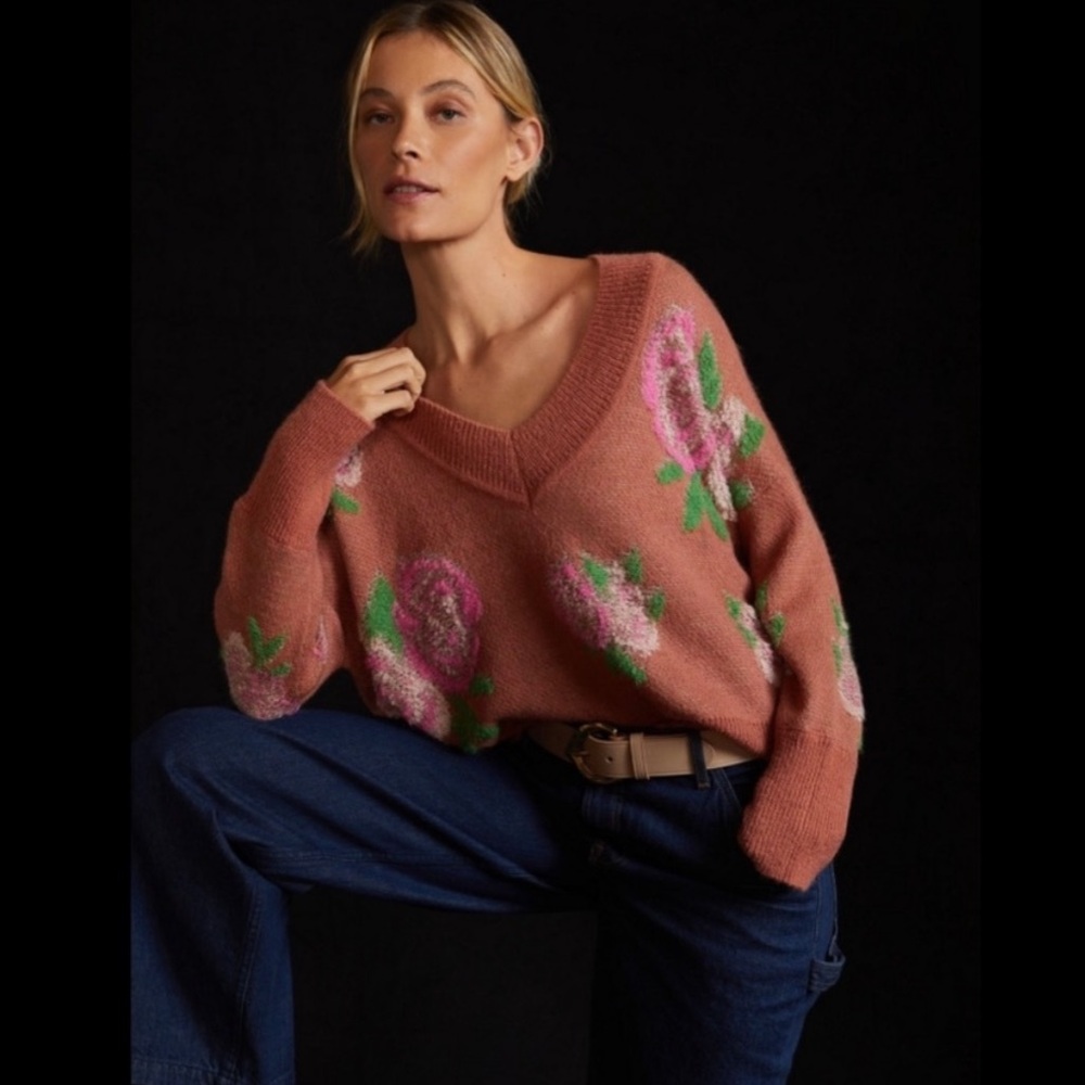 Anthropologie Drop Shoulder Floral Rose V-Neck Sweater - Picture 2 of 14